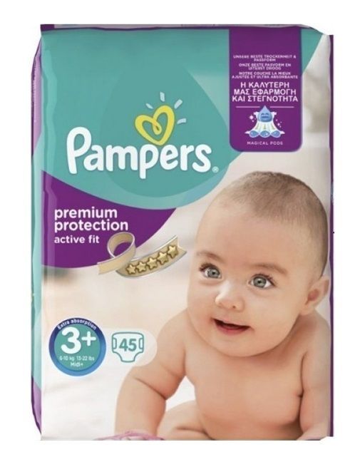 PAMPERS PREMIUM PROTECTION ACTIVE FIT SIZE 3+ x45/Pack, 6-10kg, MIDI