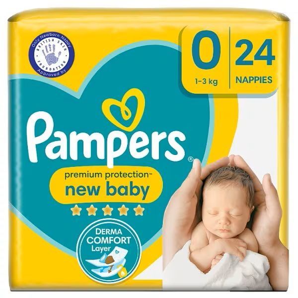 PAMPERS PREMIUM PROTECTION SIZE 0, 24 NAPPIES, NEW BABY, 1-3kg