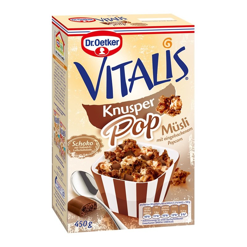 DR OETKER VITALIS KNUSPER CRISPY POPCORN with WHOLE MILK CHOCOLATE 450g