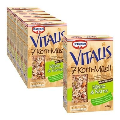 DR OETKER VITALIS 7 GRAIN MUESLI with 68% WHOLE GRAIN CEREALS, 18% NUTS(shells) and 4% KERNELS 6x450g + 1 FREE