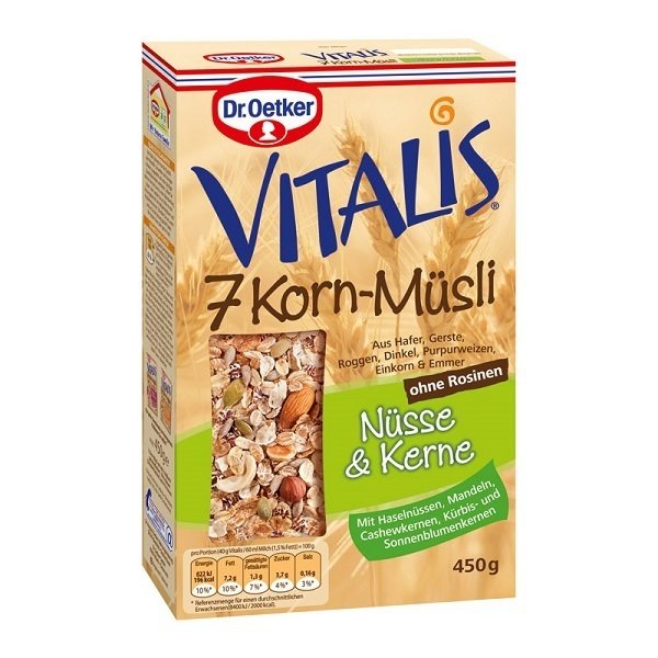DR OETKER VITALIS 7 GRAIN MUESLI WITH 68% WHOLE GRAIN CEREALS, 18%  NUTS(SHELLS) AND 4% KERNELS 450g