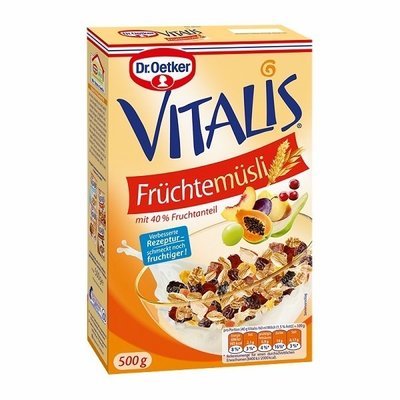 DR OETKER VITALIS FRÜCHTEMÜSLI WITH 47% WHOLE GRAIN CEREALS AND 40% FRUIT 500g