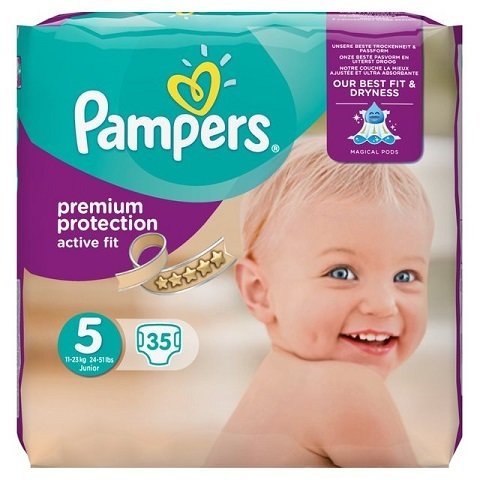 PAMPERS SIZE 5 PREMIUM PROTECTION ACTIVE FIT NAPPIES ESSENTIAL PACK OF 35pcs