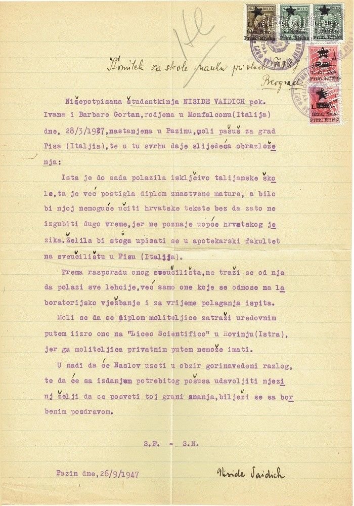 YU 1947 REQUEST FOR ISSUING PASSPORT FOR TRIP TO PISA (ITALY)