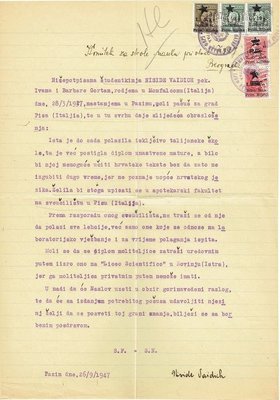 YU 1947 REQUEST FOR ISSUING PASSPORT FOR TRIP TO PISA (ITALY)