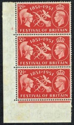 GB KING GEORGE VI 1951 BLOCKS of 3 - 2½d SCARLET FEST. of BRITAIN Mi.255, SG513 MNH