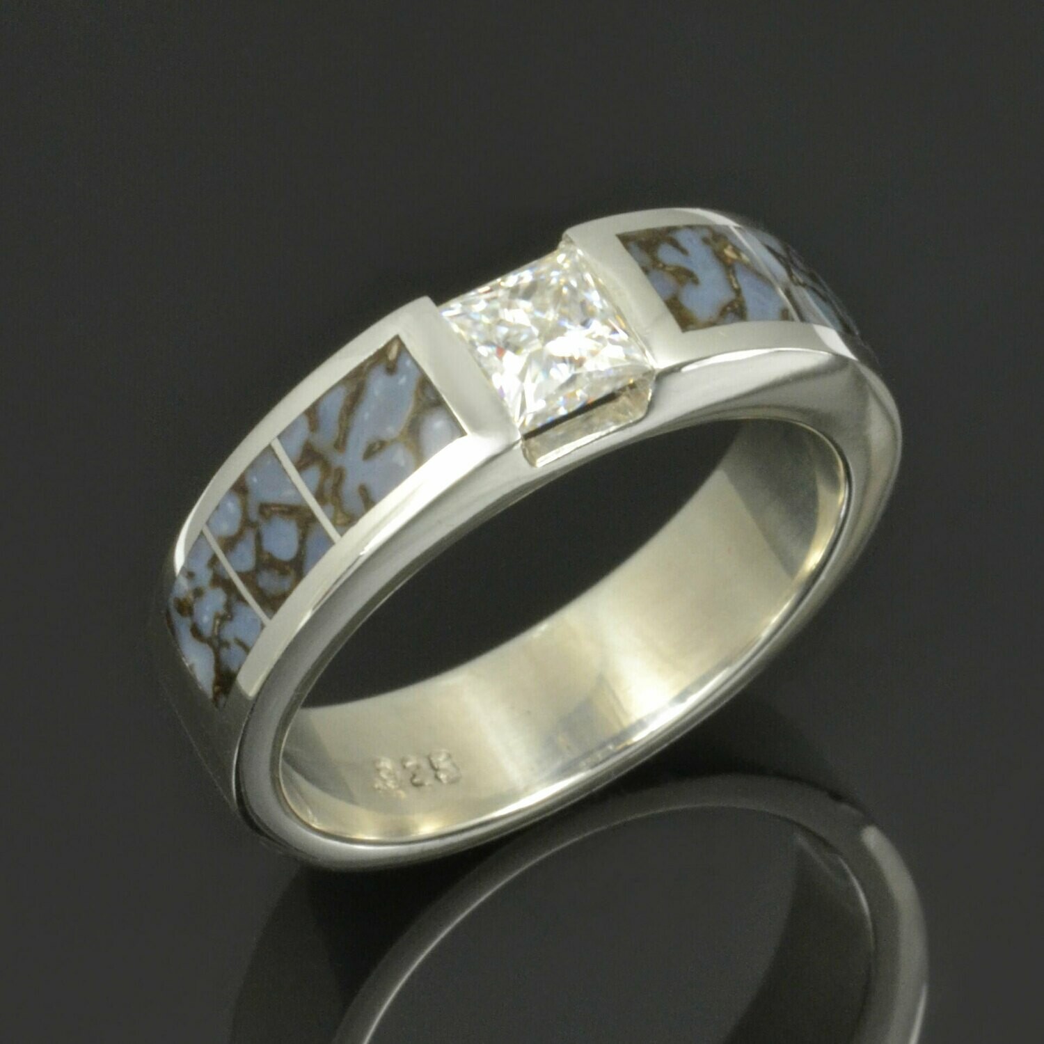 Moissanite and Dinosaur Bone Ring in Sterling Silver