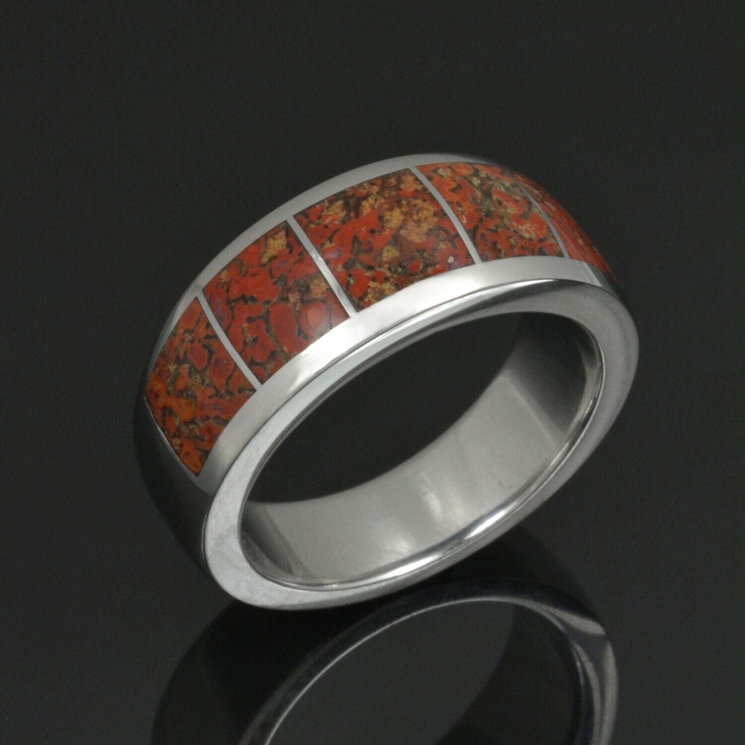 Red Dinosaur Bone Ring in Stainless Steel by Hileman Silver Jewelry