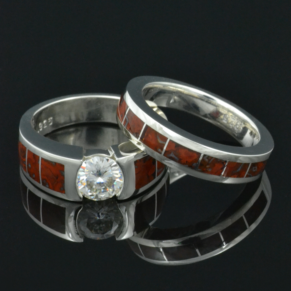 Dinosaur bone wedding ring and engagement ring with moissanite center stone.