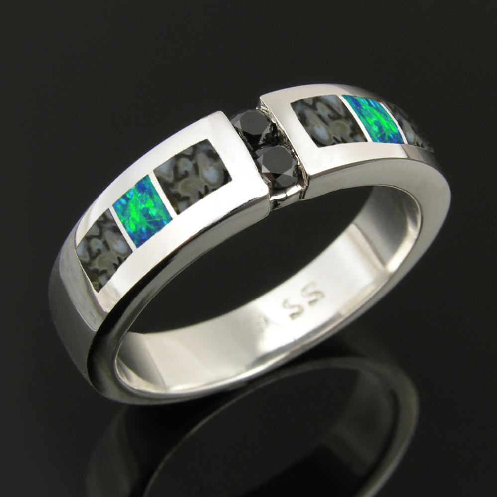 Dinosaur Bone Wedding Ring with Black Diamonds and Lab Created Opal