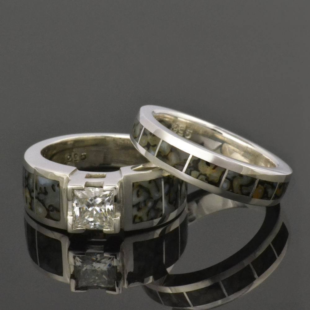 Dinosaur Bone Engagement Ring and Wedding Ring Bridal Set