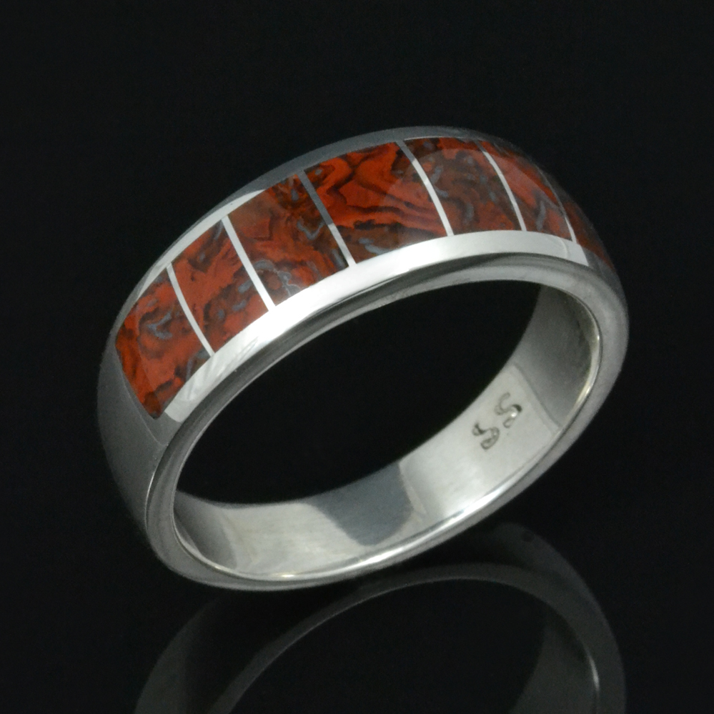 Red Dinosaur Bone Wedding Ring in Sterling Silver by Hileman Silver Jewelry