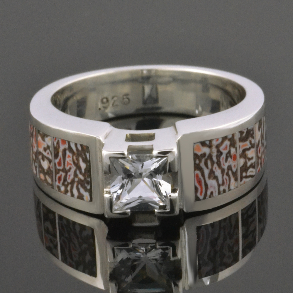 Dinosaur Bone Engagement Ring with White Sapphire Center Stone