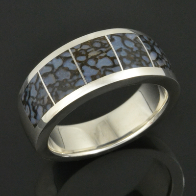Blue Dinosaur Bone Wedding Ring in Sterling Silver by Hileman Silver Jewelry