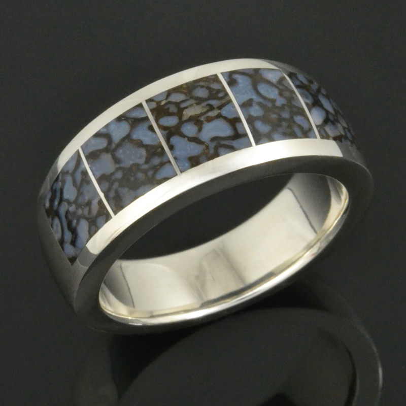 Blue Dinosaur Bone Wedding Ring in Sterling Silver by Hileman Silver Jewelry