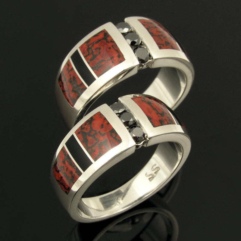 Dinosaur Bone Wedding Ring Set with Black Diamonds and Black Onyx Inlay