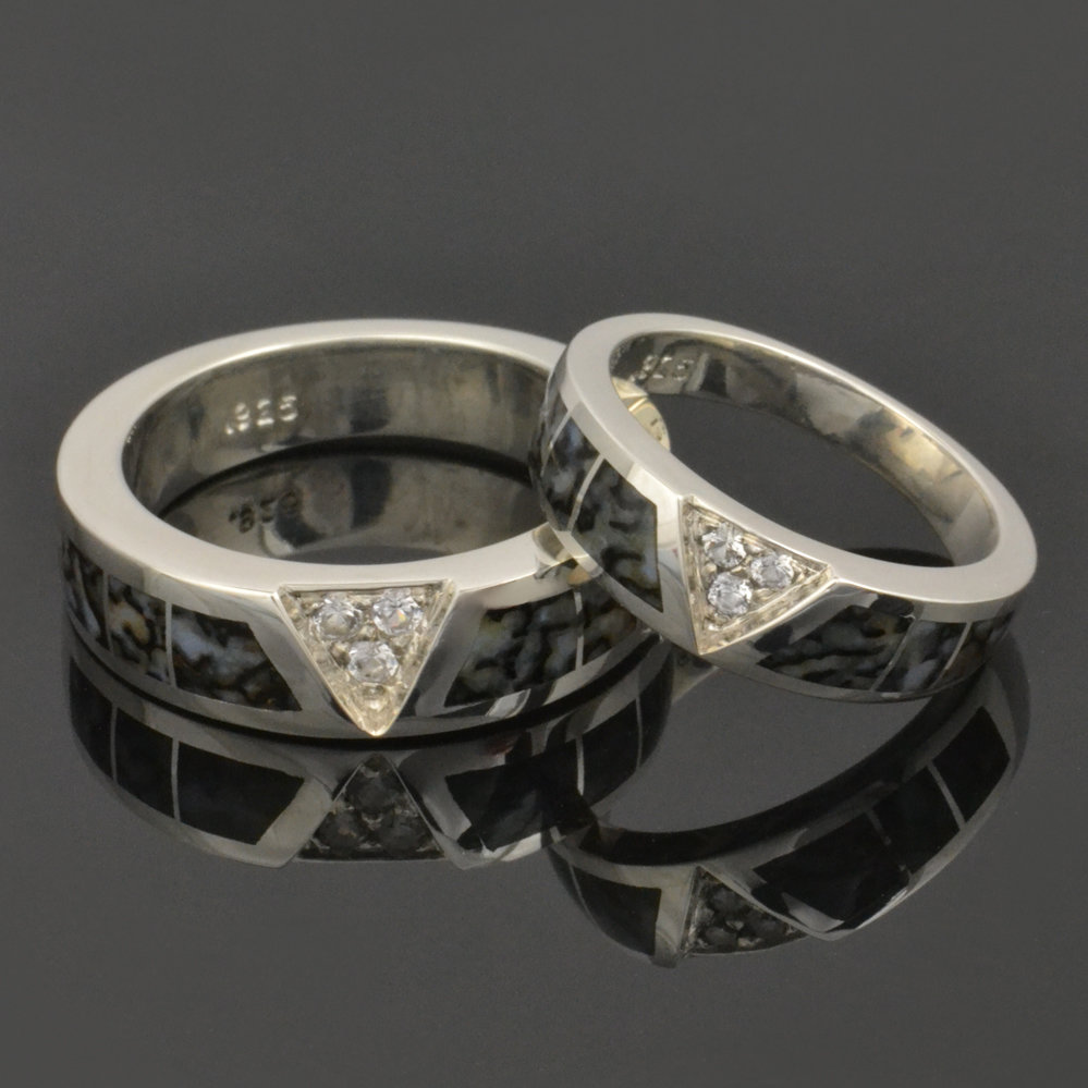 White Sapphire and Dinosaur Bone Wedding Ring Set