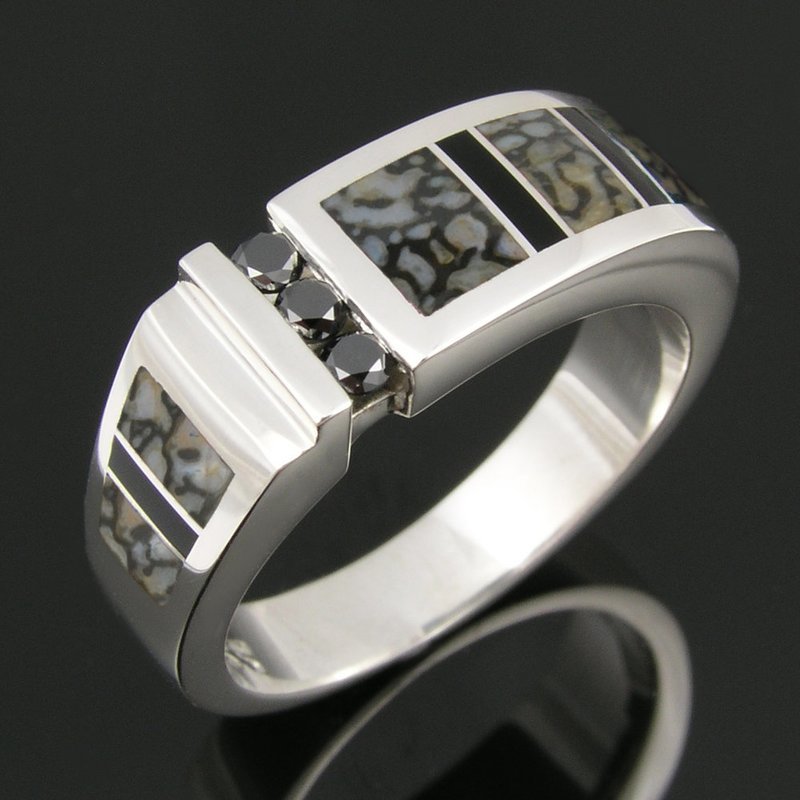 Gray Dinosaur Bone Ring with Black Diamonds