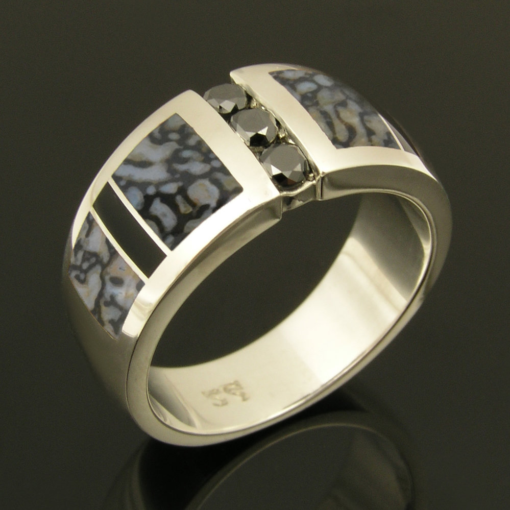 Gray Dinosaur Bone Ring with Black Diamonds