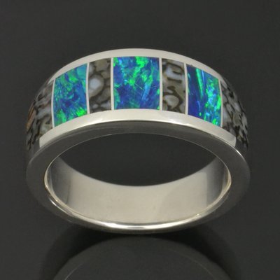Gray Dinosaur Bone Wedding Ring with Lab Opal
