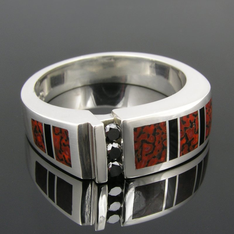 Red Dinosaur Bone Ring with Black Diamonds