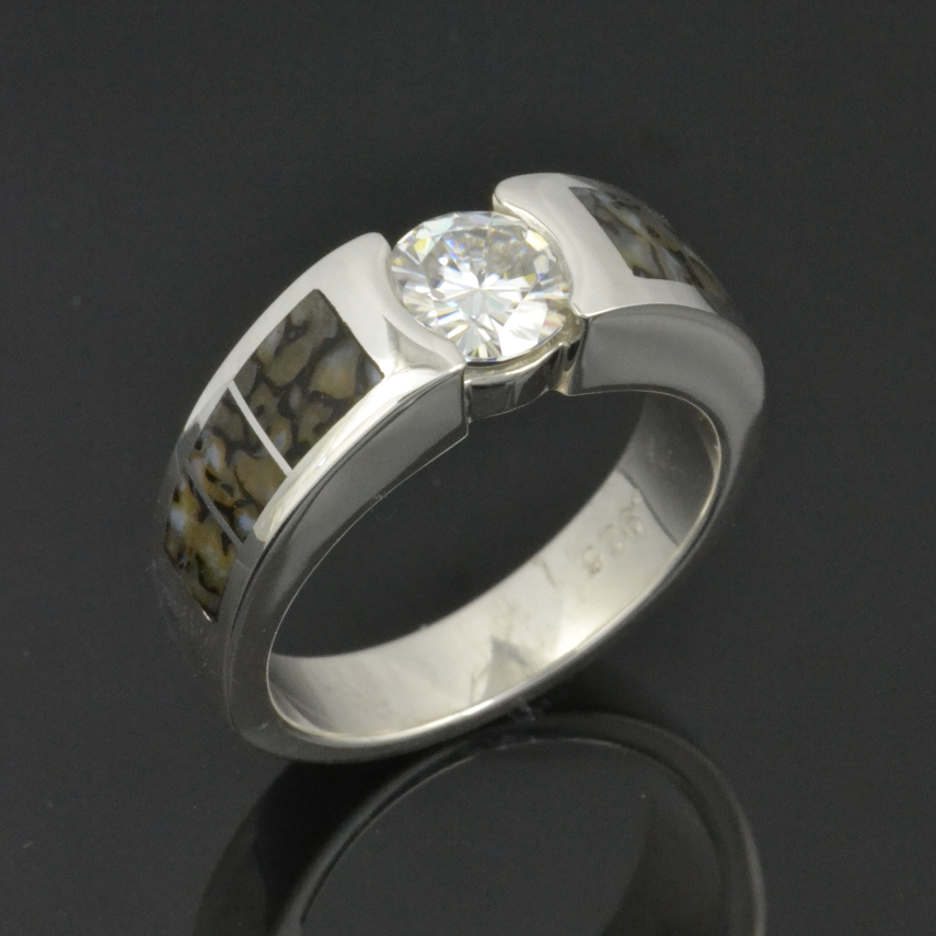 Gray Dinosaur Bone Engagement Ring with Moissanite