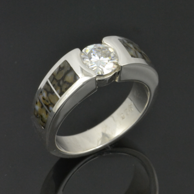 Gray Dinosaur Bone Engagement Ring with Moissanite