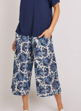 Cropped Linen Pant - Blue floral
