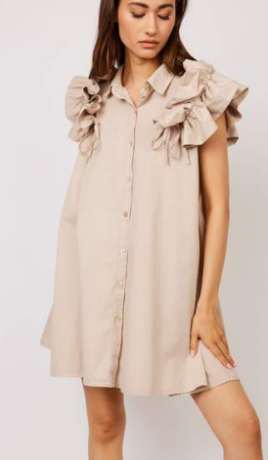 Poplin cotton Dress with Ruffle Sleeves - Flax