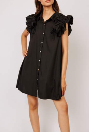 Poplin cotton Dress with Ruffle Sleeves - Black