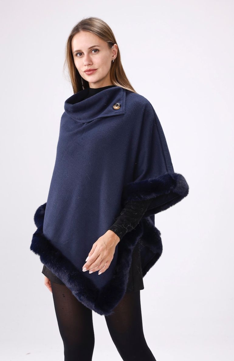 Navy Collared Fur Trimmed Cape