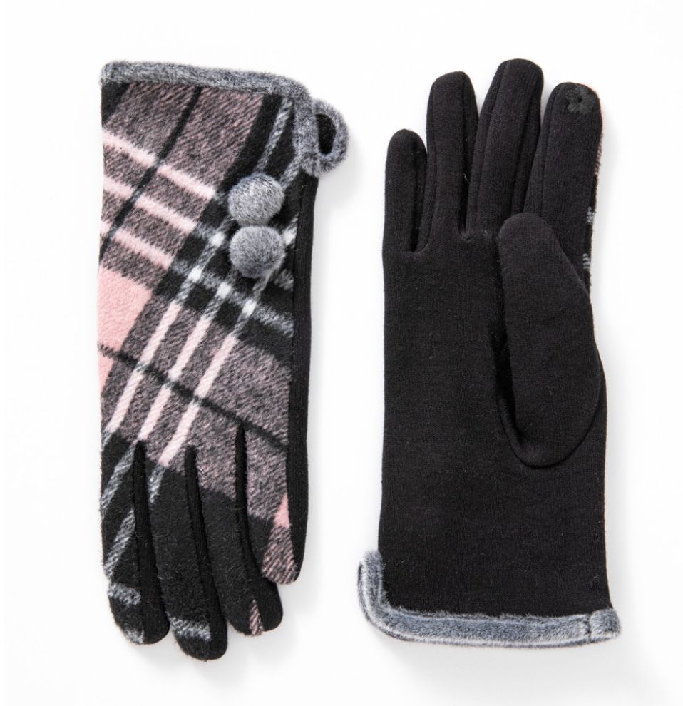 Pink and black plaid with button gloves