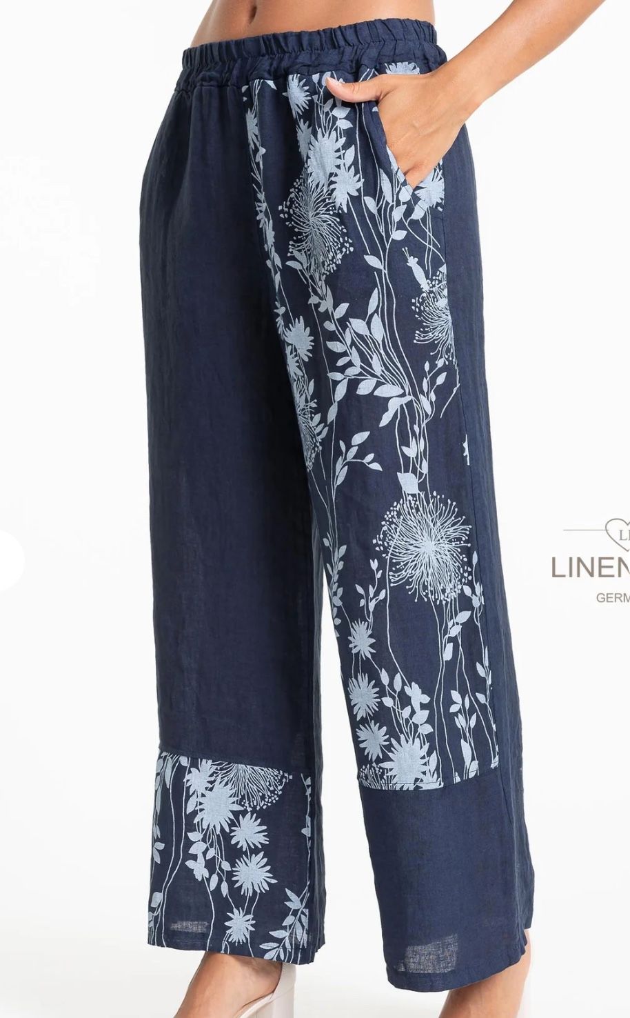 Navy Floral Patch Linen Pants