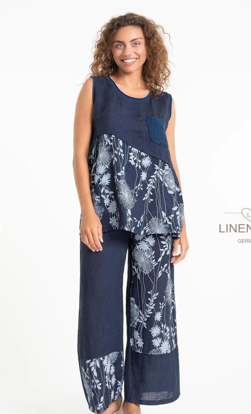 French Linen Top - Navy Floral