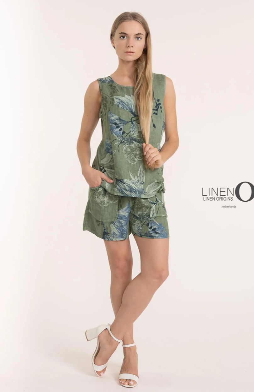 French Linen Top- Floral Sauge