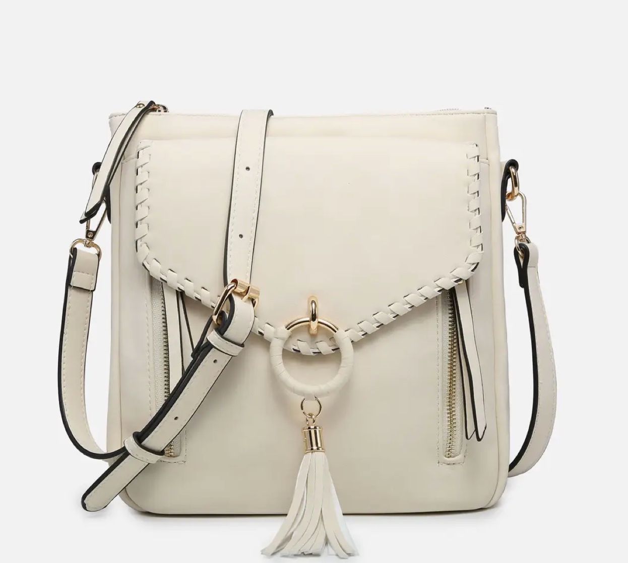 Layla Faux Suede Whipstitch Crossbody w/ Tassel -Off White