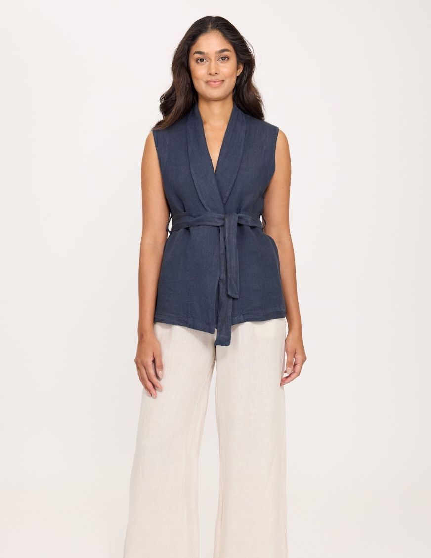 Shawl Collar Linen Vest - Capri Blue