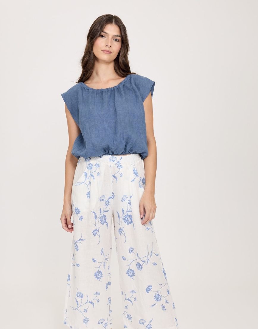 Cropped Elastic Waist Top - Capri Blue