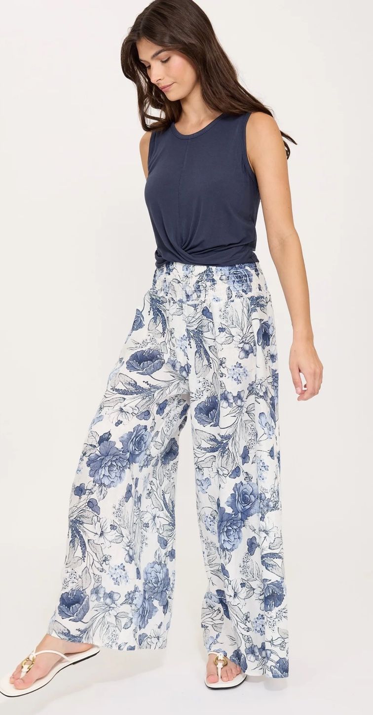 Linen Palazzo Pants in Blue Floral