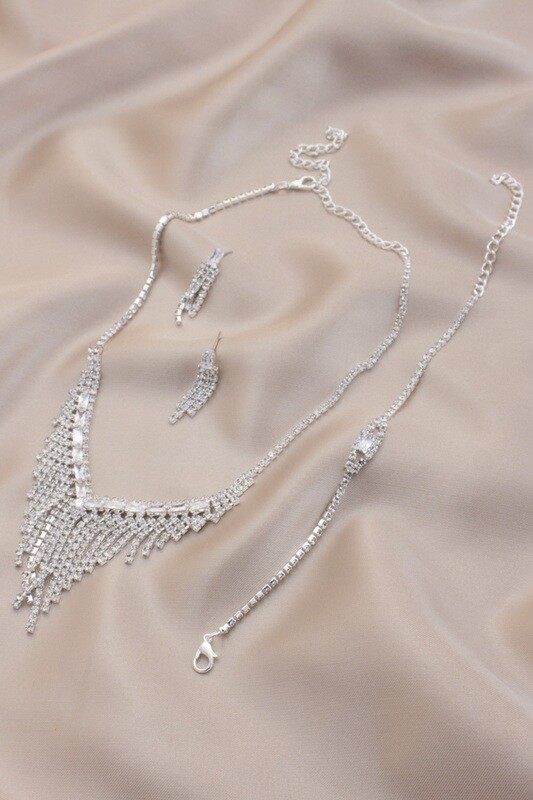 V Shape Dangle Rhinestone Bridal Bracelet Necklace Set