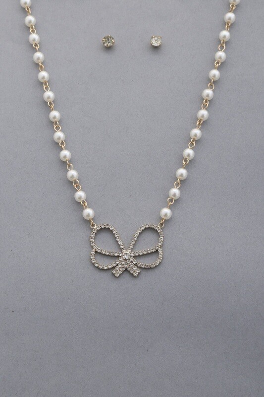 Crystal Bow Pearl Bead Necklace