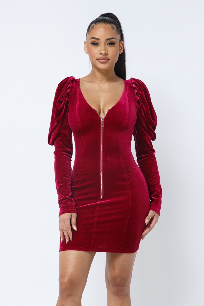 Soft Velvet Pleated Puff Sleeve Low V Neck Front And Back Mini Dress