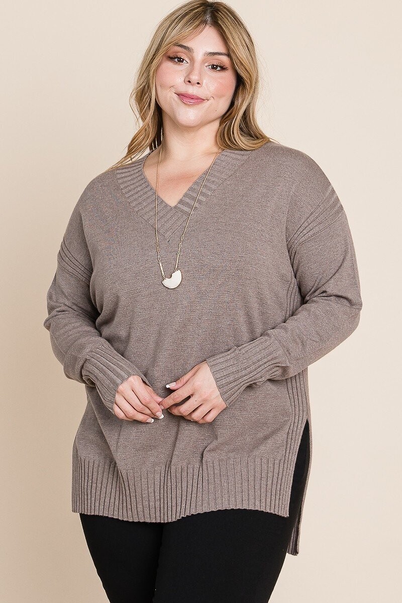 Plus Size Solid V Neck Buttery Soft High Quality High Low Two Tone Sweater