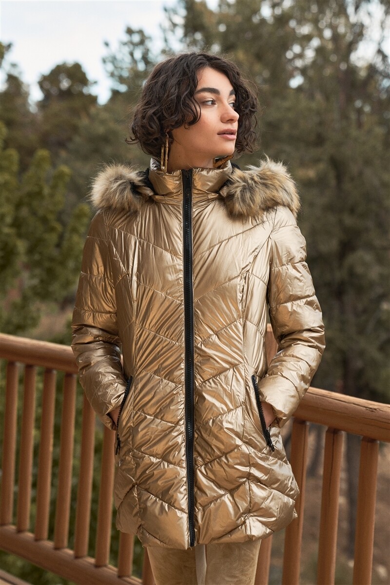 Vinyl Glossy Finish Fitted Faux Fur Hood Chevron Padded Puffer Jacket
