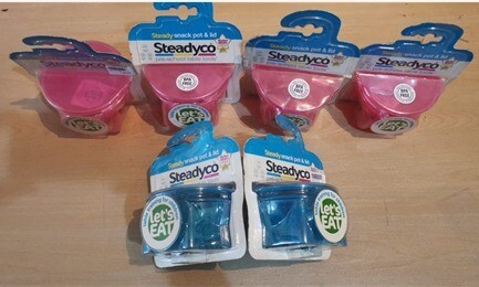SteadyCo. Steady Snack Pot &amp; Lid set. Table Training for Children 12+ mths. Let&#39;s EAT.