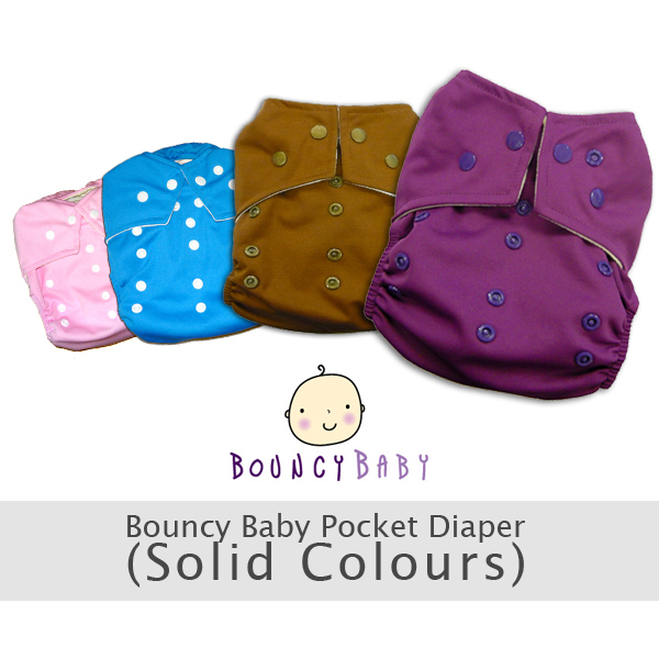 6 pcs Bouncy Baby One Size Pocket Diapers. Solid Colors Pink/Blue/Brown/Purple As seen in Photo. (BUY AS IS SECTION)