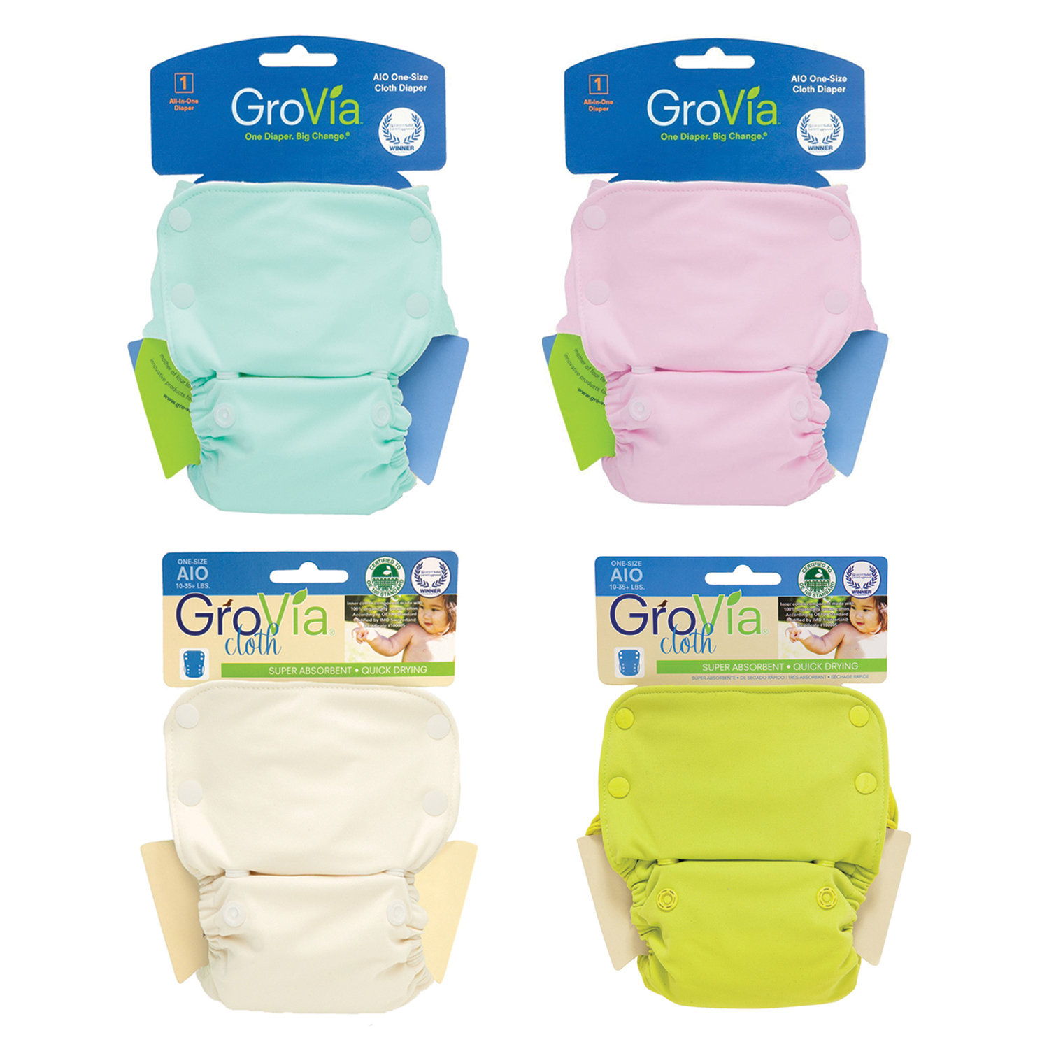 GROVIA AIO (All-in-One) Cloth Lot of 4pcs Cloth Diapers Washable.
