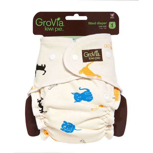 Everyday Sale. GroVia Newborn Kiwi Pie Fitted Diaper - Cats &amp; Dogs Cream. One Size Only - Fits 10-35 Lbs babies.