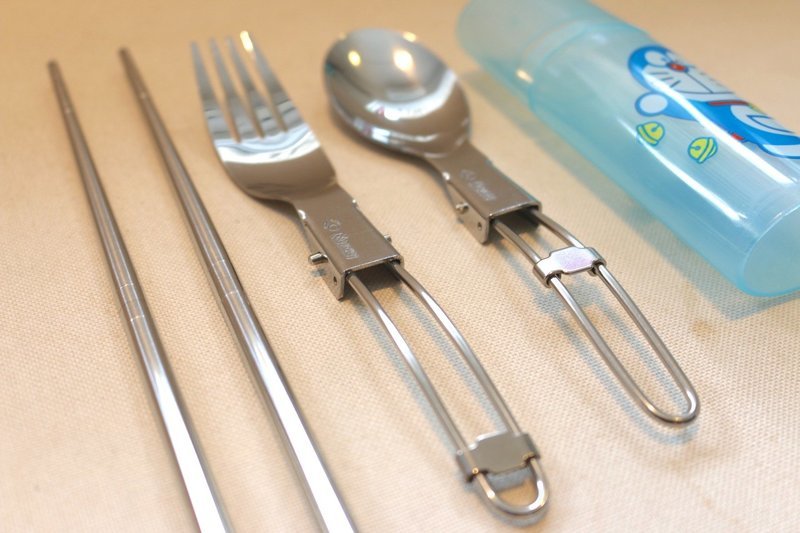 Stainless Steel Doraemon Cutlery Set of 3pcs (Fork &amp; Spoon &amp; Chopstick in holder) ONLY Pink available NOW.