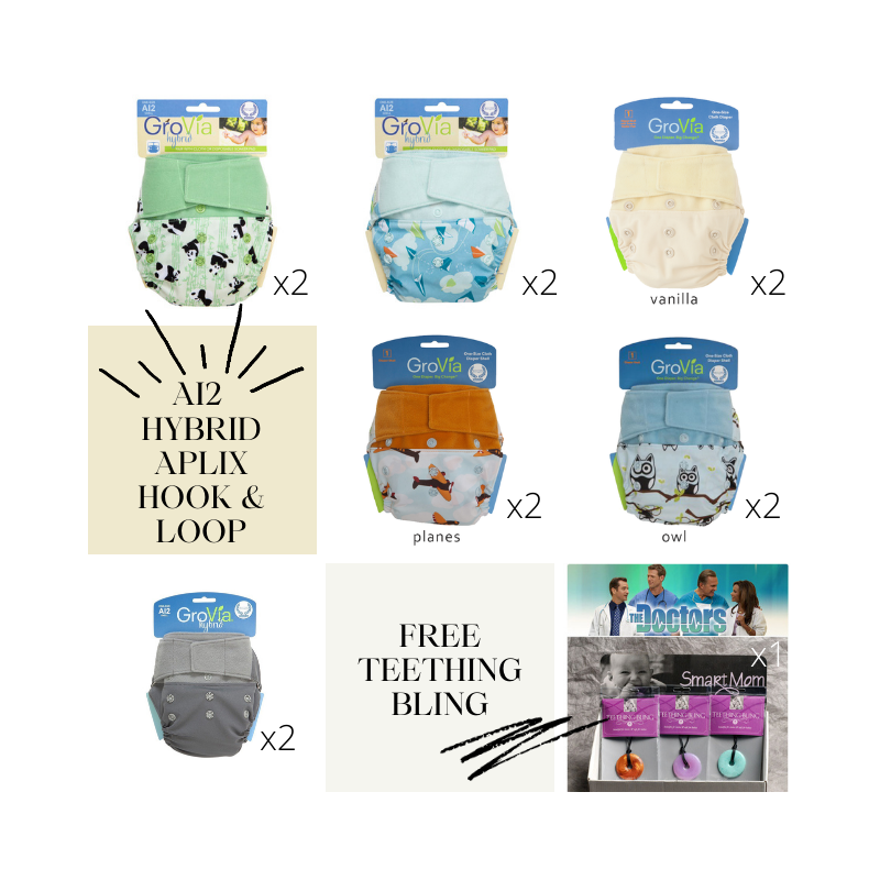 EVERYDAY SALE. Grovia AI2 APLIX Pack of 12x pcs. Shell Cloth Diapers Boys Set. FREE 12x pcs inserts. FREE 2x Teething bling. FREE 1x Pail Liner.
